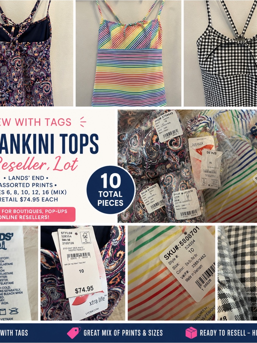 🌴☀️ NEW WITH TAGS Lands’ End Tankini Top Reseller Lot – 10 Pieces Total!